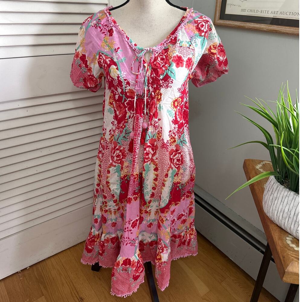 Adrift Dress Womens XS Red Pink Patchwork Tiered Midi Tassels Dainty Boho Chic